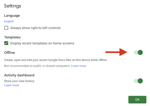 turn on offline access for google sheets