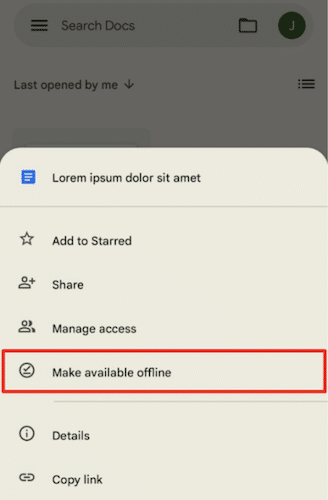 make available offline selection mobile google docs