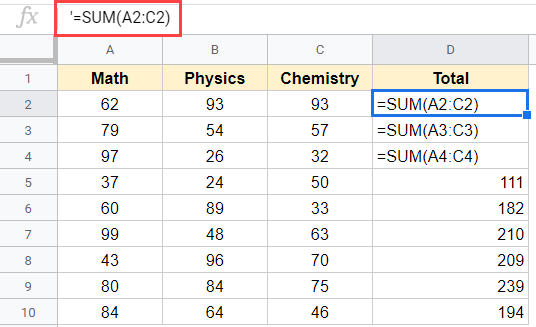 show formula by adding an apostrophe at the beginning