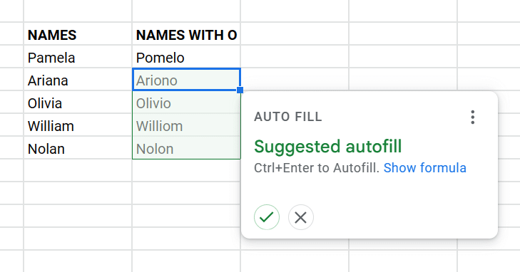 showing the results of substitute function and autofill