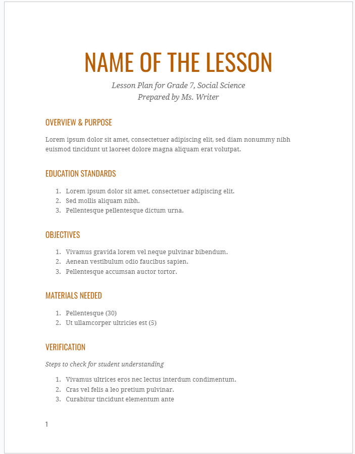 Simple Lesson plan example