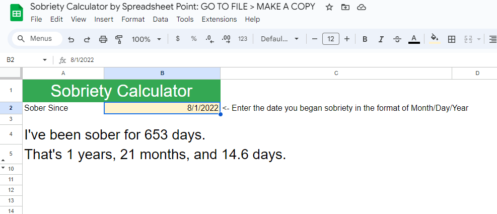 This sobriety calculator tracks how many days, months, and years since your last drink.