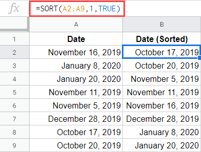 SORT formula to sort by date in Google Sheets