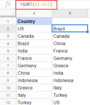 Sort Function to alphabetize a single column data - result