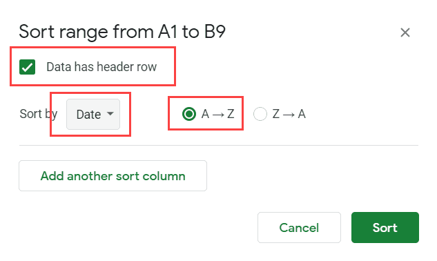 Sort Range dialog box