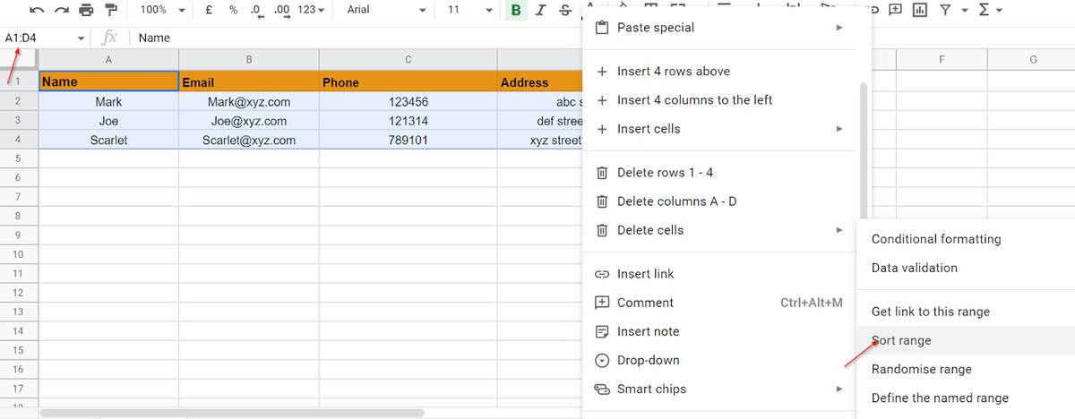 Sort the database in Google Sheets