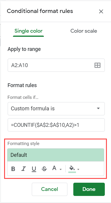 Specify the formatting in which to highlight duplicates