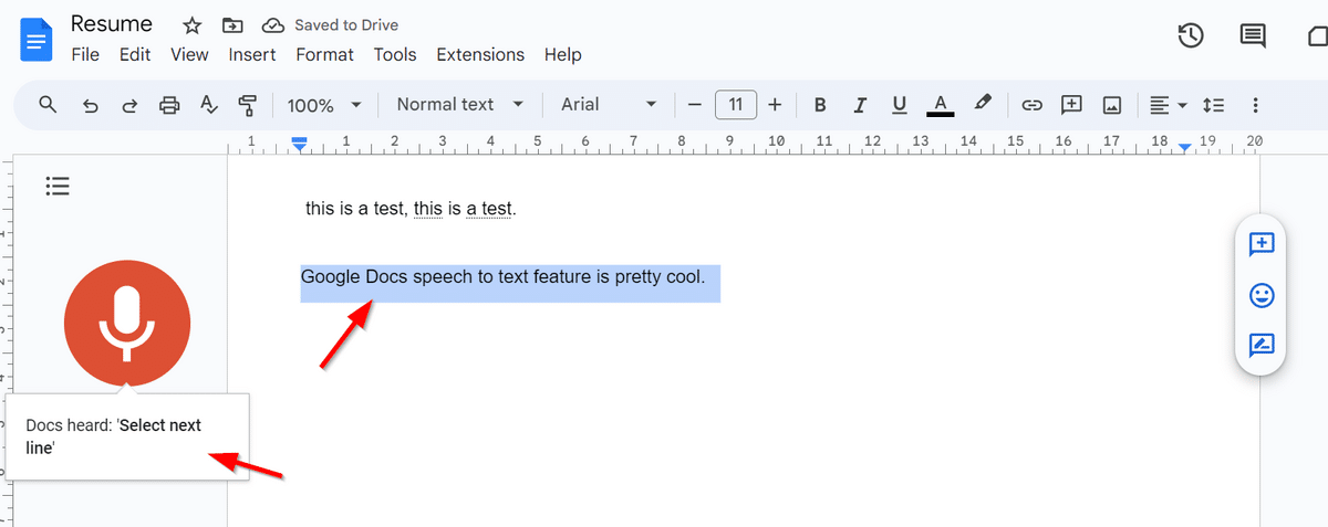 How to select next line voice type on Google Docs