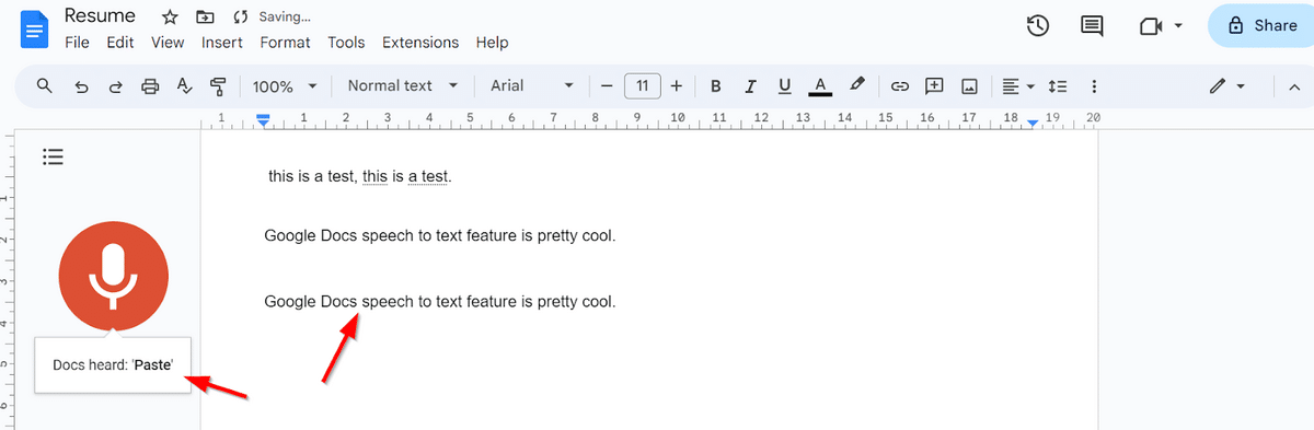 Copy and paste in Google Docs with voice text