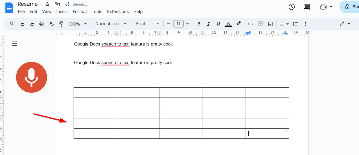 Inserting a table with speech to text Google Docs