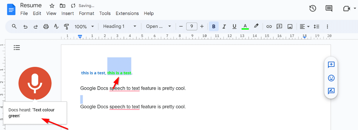 Changing font color with voice type on Google Docs