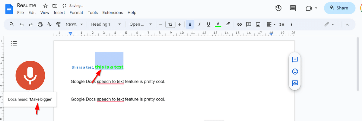 Increase font size using voice to text on Google Docs