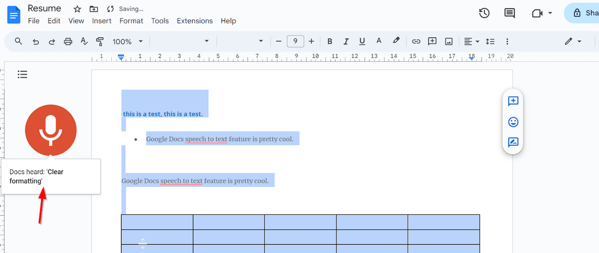 How to clear formatting with voice text on GDocs