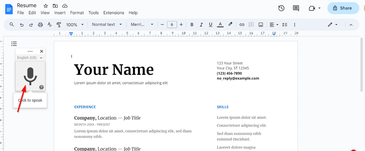 Click floating microphone voice to text Google Docs