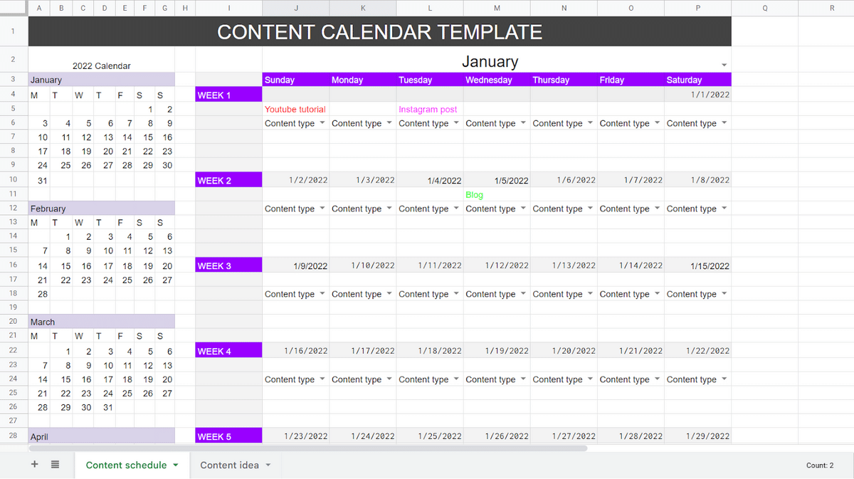 Spreadsheet Point Content Calendar Dashboard Template