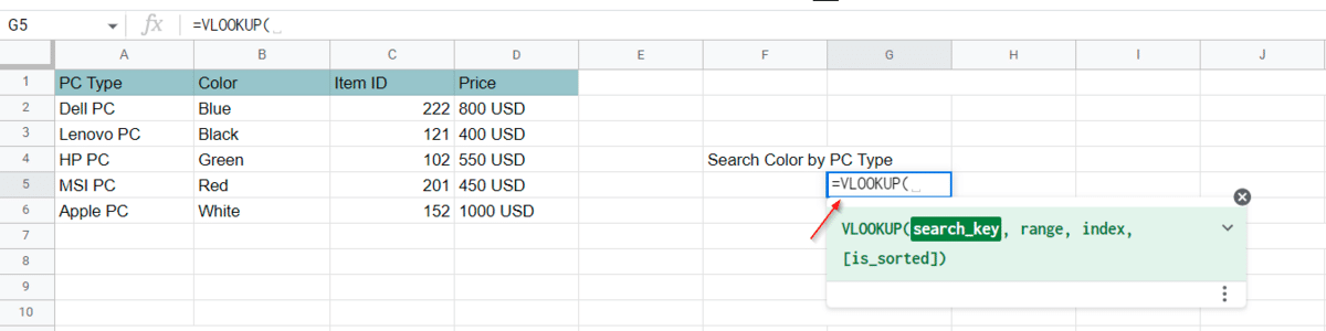 Starting a VLOOKUP Function in Google Sheets