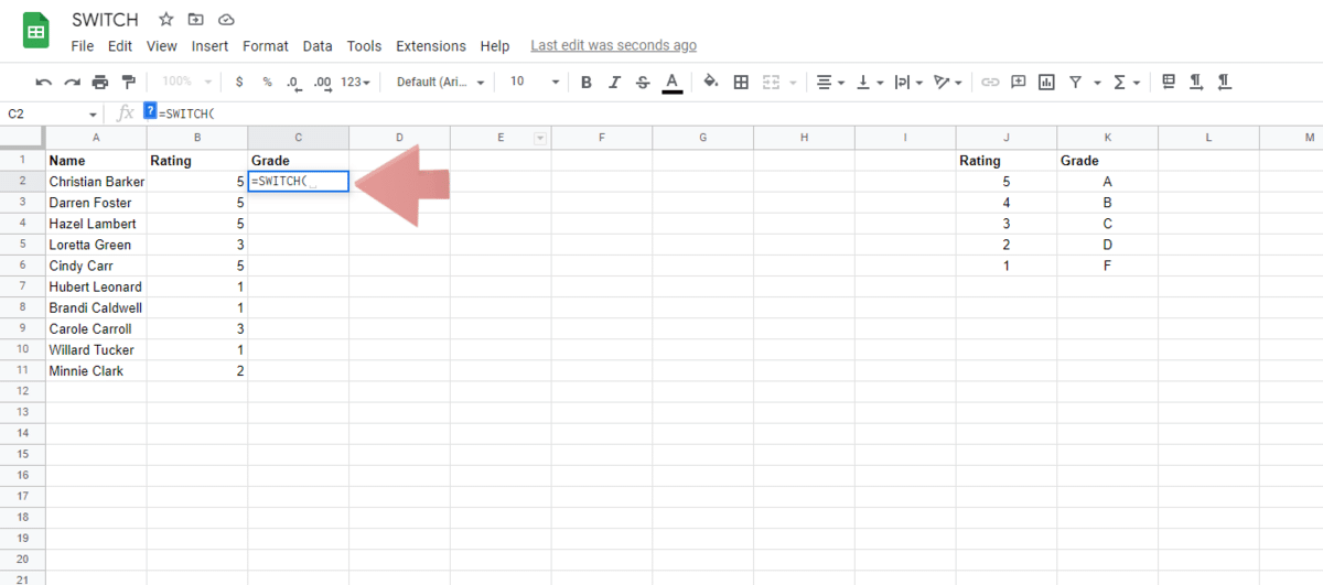 Starting off a Google Sheets SWITCH Function