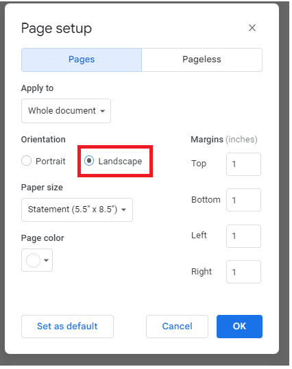 Step 2: Go to File> Page Settings and change the orientation to landscape.