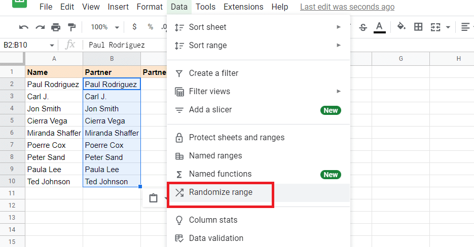 Step 2: You can now use the method to randomize column in google sheets. Go to Data> Randomize range.