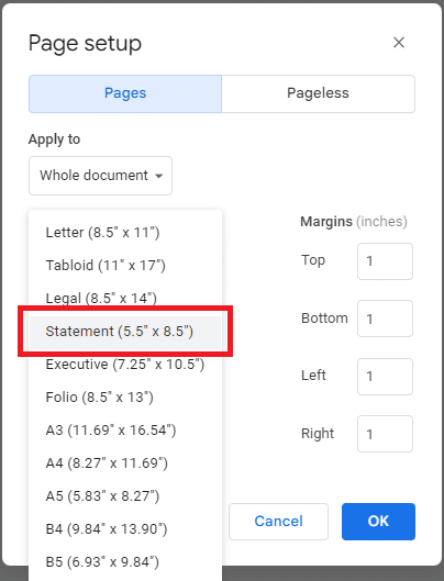 Step 3: Choose an appropriate paper size for your card. For our templates, we used the Statement (5.5” X 8.5”) size. You can also choose a background color if you want.