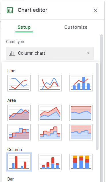 Step 3: You can choose the chart type you want in the chart editor.