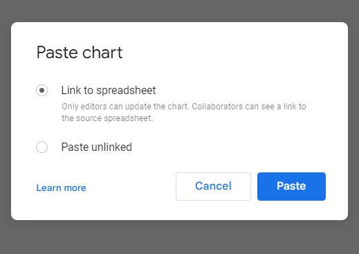 Step 4: A prompt will pop up to either link to spreadsheet or paste unlinked. If you want your chart to update with any changes to the original data then click link to spreadsheet.