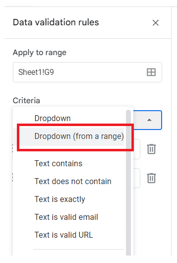 Step 4: Under criteria, choose Dropdown (from a range)