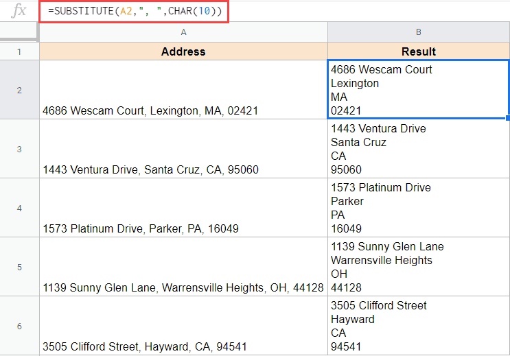 Substitute formula to add line breaks instead of comma