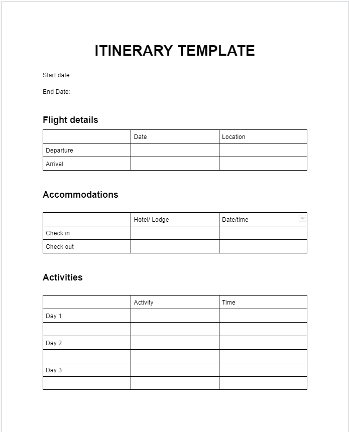 Tables itinerary template for Google Docs