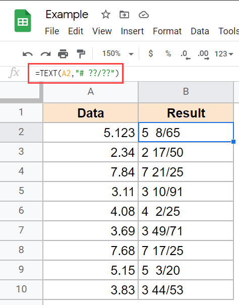 Text formula to convert decimal to fractions