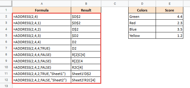 the ADDRESS function examples