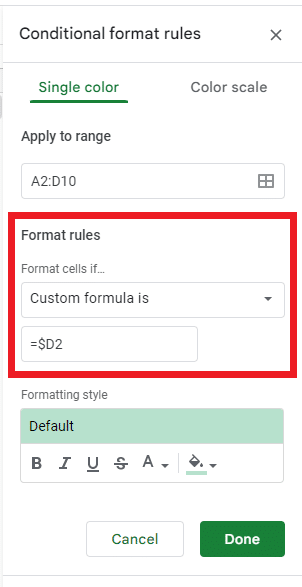 The custom formula to highlight rows based on checkbox results