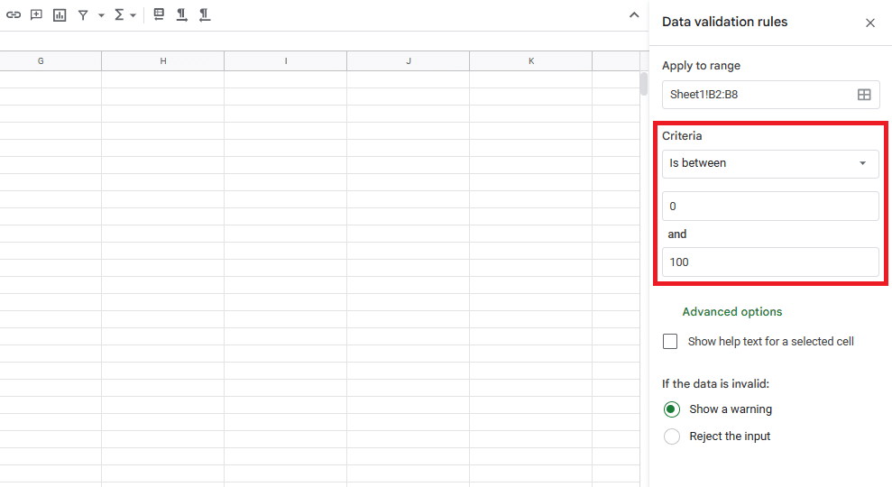 The data validation in Google Sheets menu