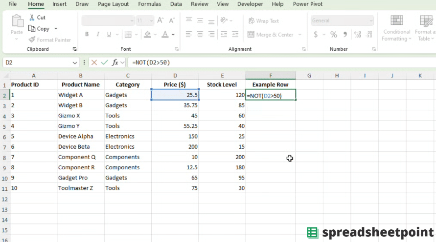 In this example, we use the Excel NOT function to determine whether a corresponding cell contains a value greater than 50.