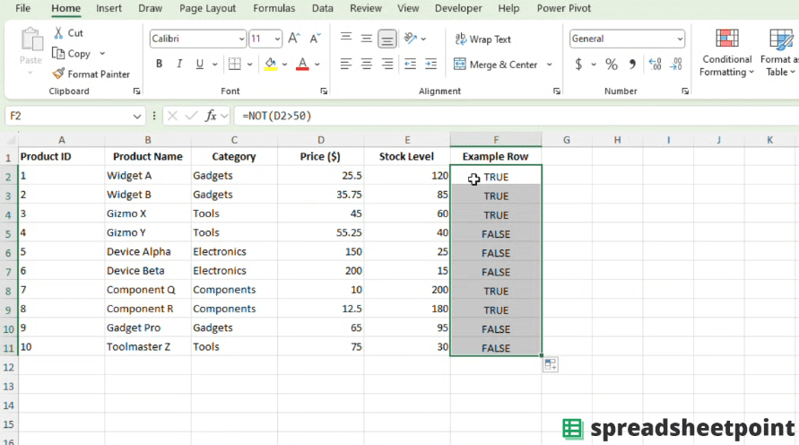 Click and drag the cell to apply the NOT function to the rest of the data range.