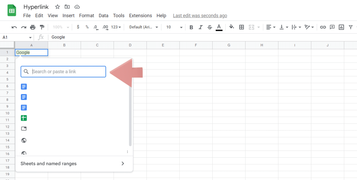 The Google Sheets hyperlink pop up box