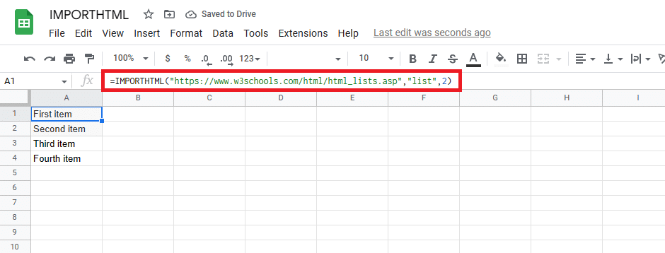 The importhtml function in Google Sheets for lists