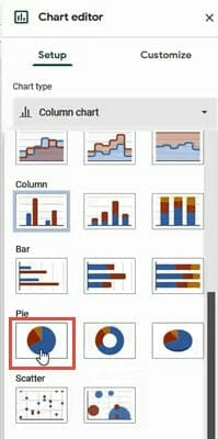 The location of pie charts in the chart editor