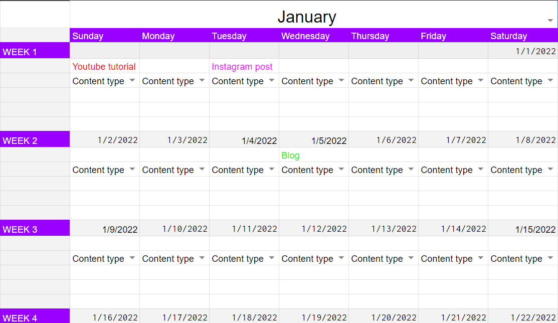 The monthly schedule with a drop down menu for each month of 2022