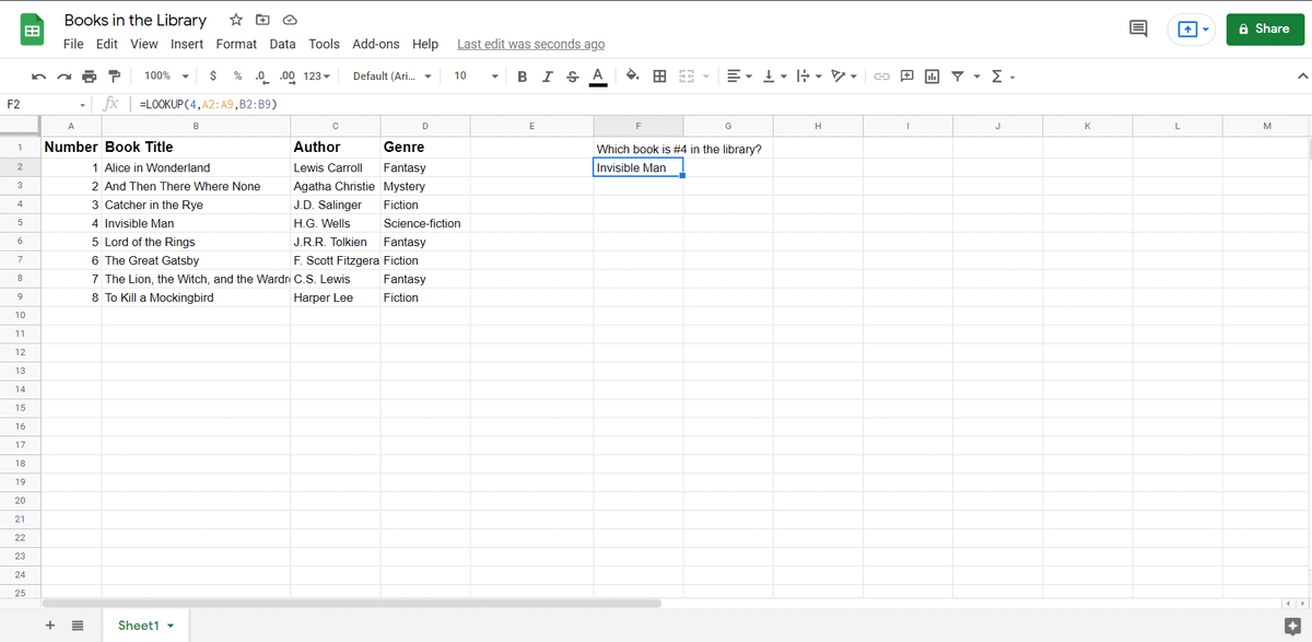 the result of the Google Sheets LOOKUP we get is invisible man