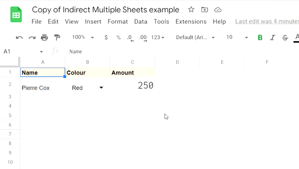 This formula will lookup and return the values from the multiple sheets based on which sheet you select in the color drop down menu