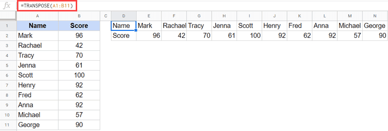 Transpose data using the function