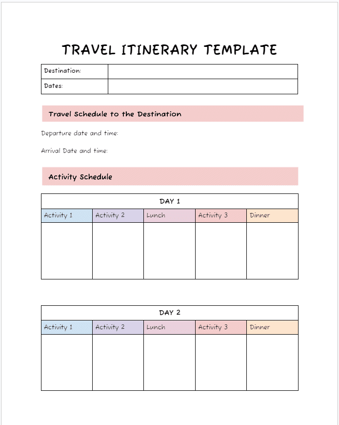 Travel itinerary template for Google Docs