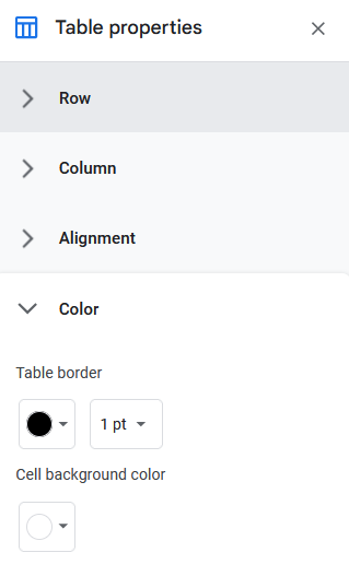 Google docs. table properties