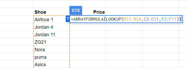 Type in the array and lookup formula combination