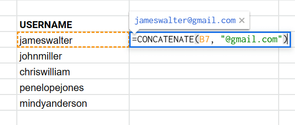 typing the concatenate function on Google Sheets