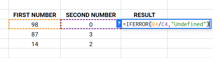 typing the if error function on Google Sheets