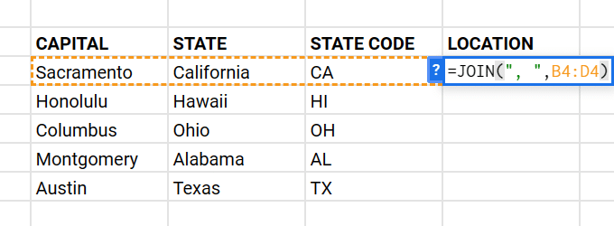 typing the join function on Google Sheets