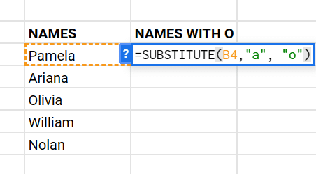 typing the substitute function on Google Sheets