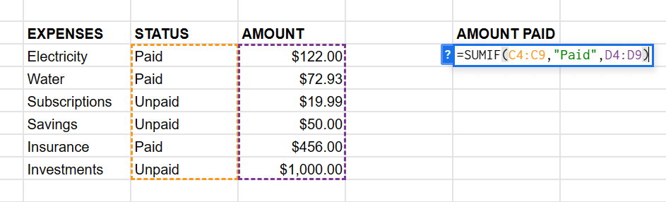 typing the sum if function on Google Sheets